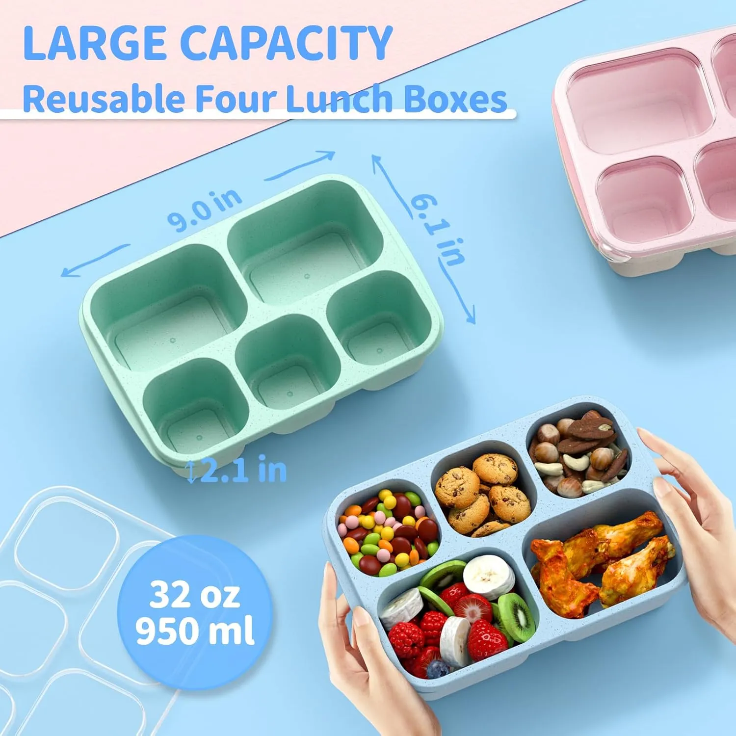 Bento Box Adult Lunch Box - 4 Pack, 5 - Compartment Meal Prep Container for Kids, Reusable Food Storage Snack Containers - Stackable for School, Work, and Travel (Wheat(Green/Blue/Pink/Beige))