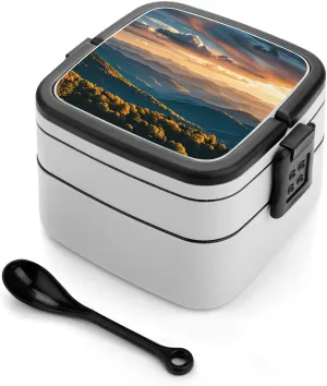 Bento Box for Adult Spectacular Mountain Ranges Lunch Box with Spoon And Handle for Women Men Double Layer Lunchbox for Dining Out Travel Work Picnic Lunch Case