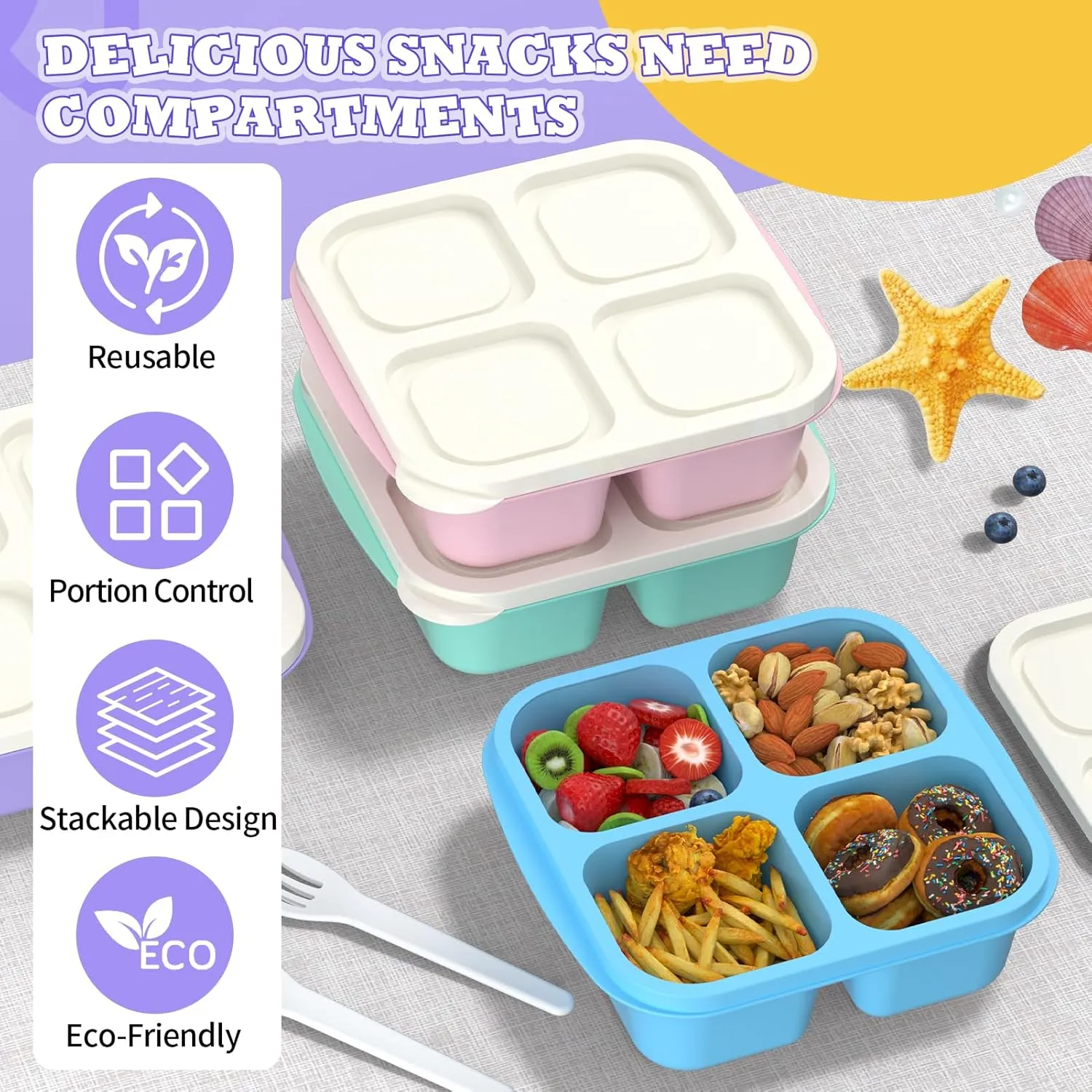 Bento Lunch Box for Kids (4 Pack) - 4-Compartment Salad Container for Lunch, Reusable BPA-Free Food Prep Containers, Snack Container for School, Work, and Travel (White Lid)