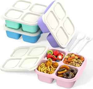 Bento Lunch Box for Kids (4 Pack) - 4-Compartment Salad Container for Lunch, Reusable BPA-Free Food Prep Containers, Snack Container for School, Work, and Travel (White Lid)