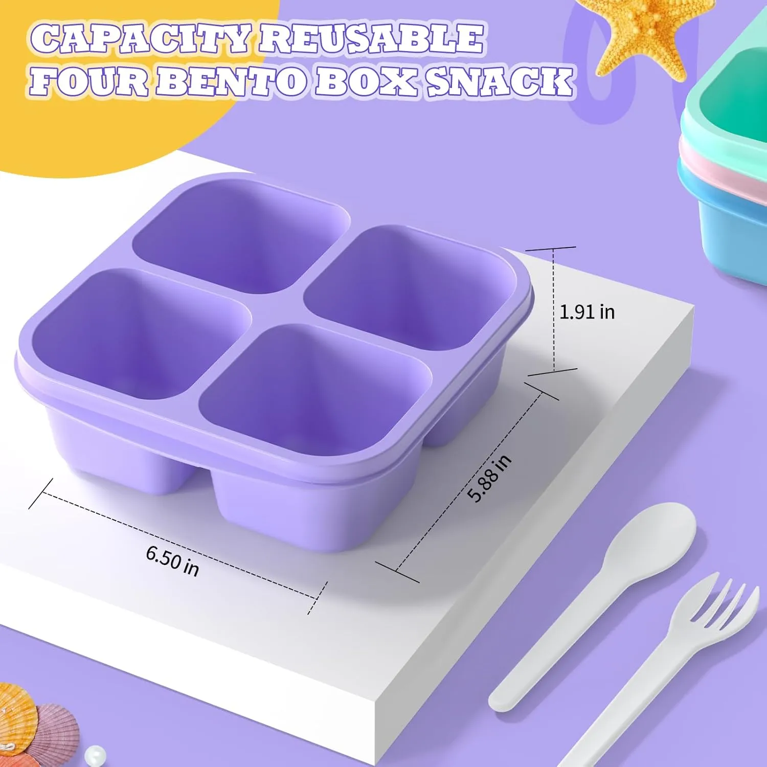 Bento Lunch Box for Kids (4 Pack) - 4-Compartment Salad Container for Lunch, Reusable BPA-Free Food Prep Containers, Snack Container for School, Work, and Travel (White Lid)