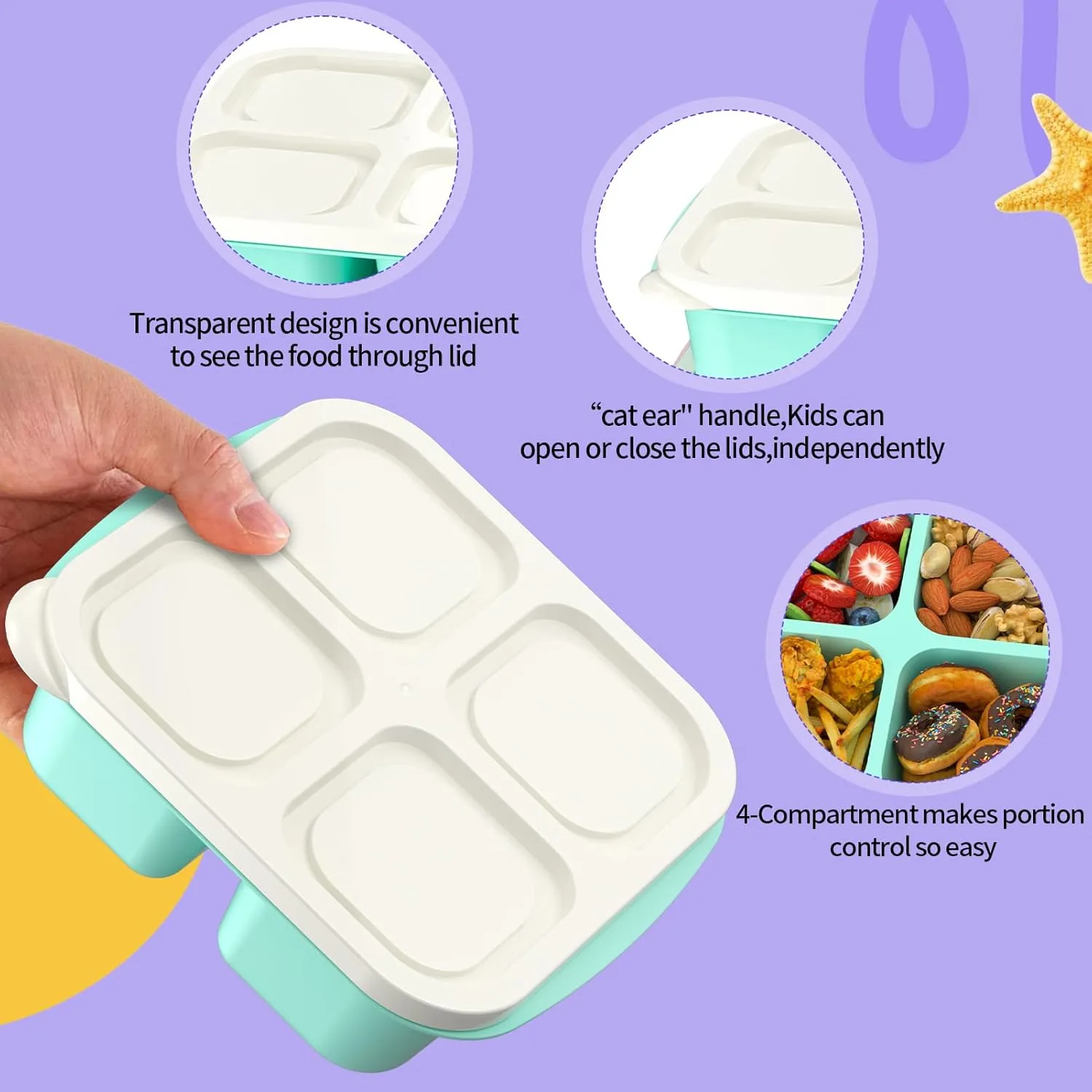Bento Lunch Box for Kids (4 Pack) - 4-Compartment Salad Container for Lunch, Reusable BPA-Free Food Prep Containers, Snack Container for School, Work, and Travel (White Lid)