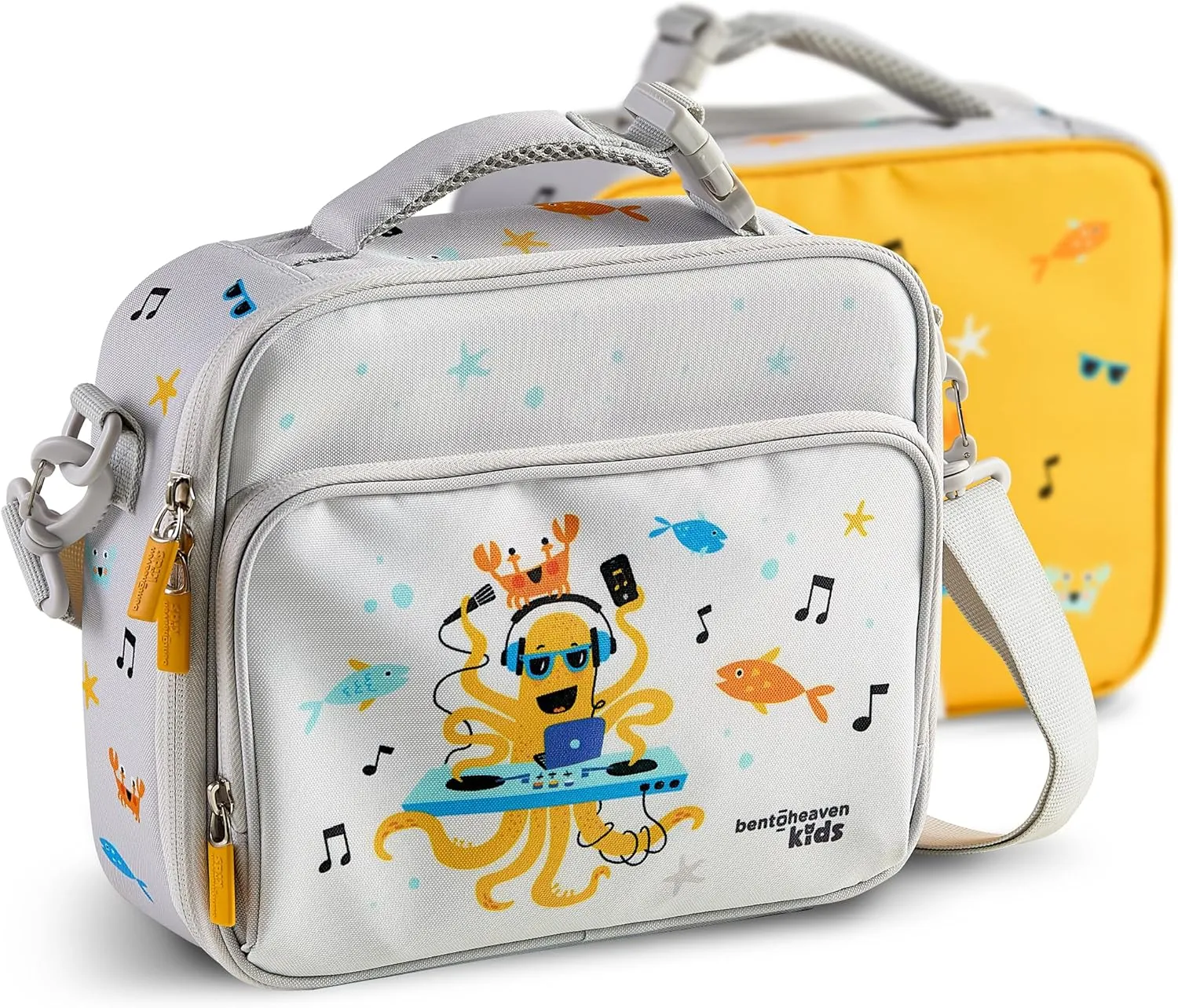 Bentoheaven Insulated Lunch Bag for Kids, Girls & Boys - Large Size Fits Bento Lunch Box, Water Bottle & Snacks - Durable, Easy to Clean, Leakproof - Adjustable Shoulder Strap, Zipper Pockets (Gray)