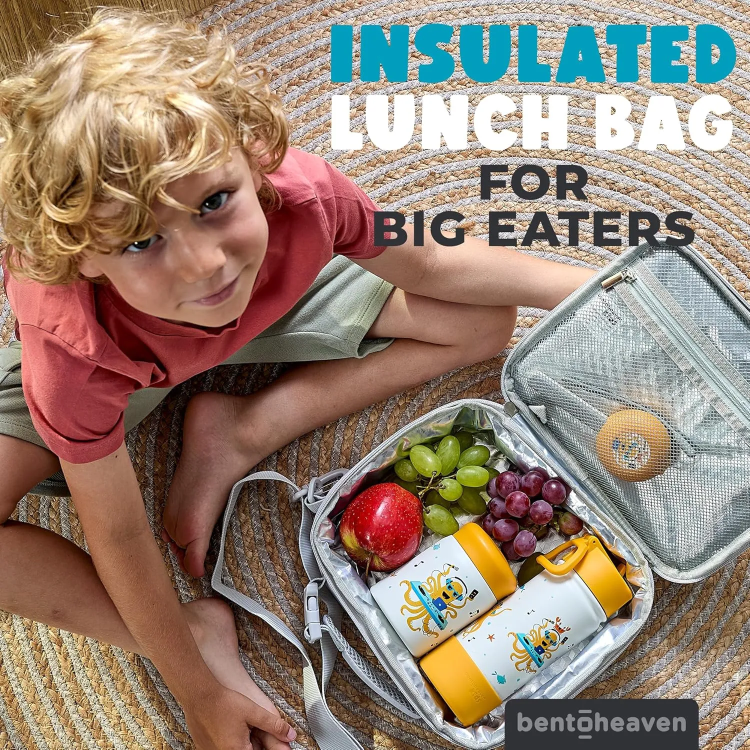 Bentoheaven Insulated Lunch Bag for Kids, Girls & Boys - Large Size Fits Bento Lunch Box, Water Bottle & Snacks - Durable, Easy to Clean, Leakproof - Adjustable Shoulder Strap, Zipper Pockets (Gray)