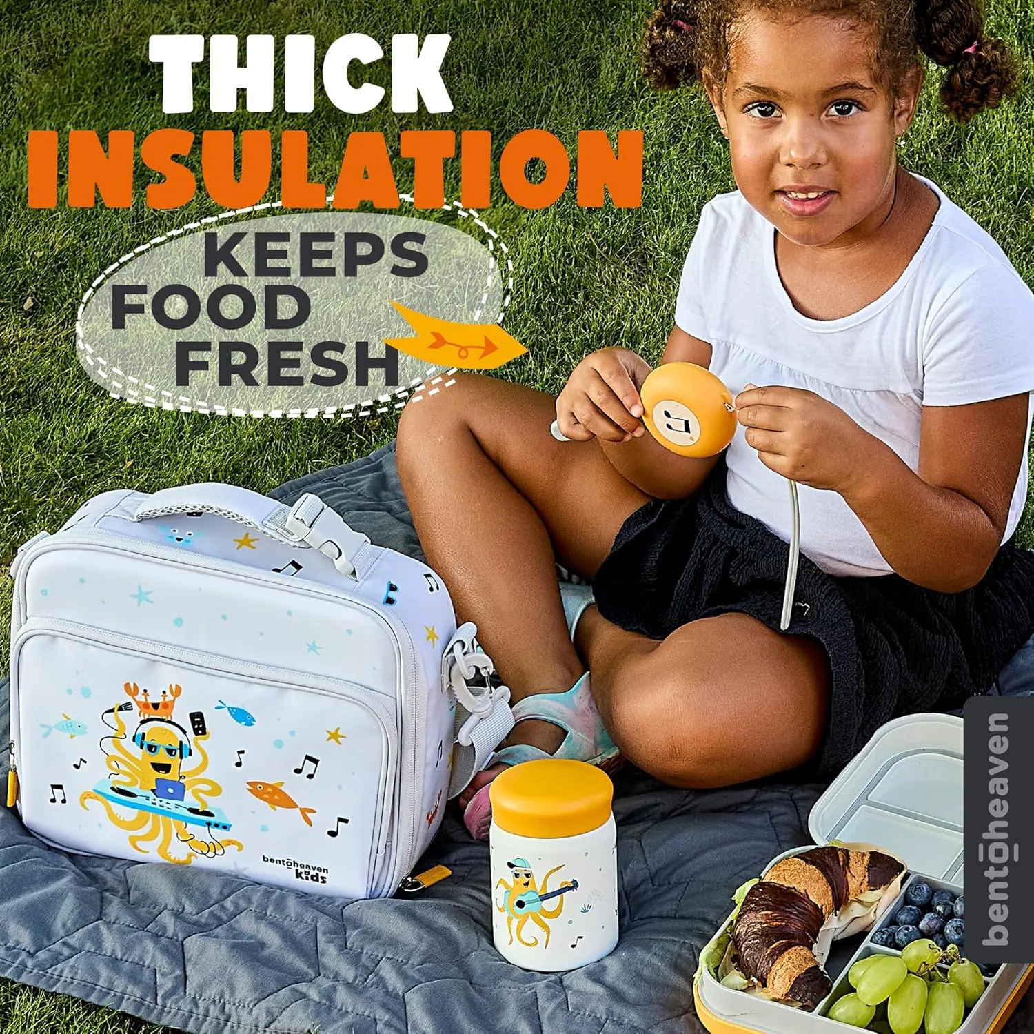 Bentoheaven Insulated Lunch Bag for Kids, Girls & Boys - Large Size Fits Bento Lunch Box, Water Bottle & Snacks - Durable, Easy to Clean, Leakproof - Adjustable Shoulder Strap, Zipper Pockets (Gray)
