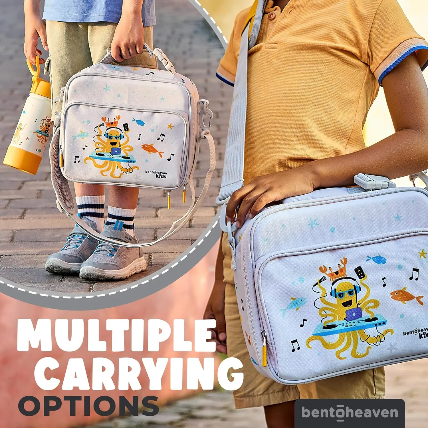 Bentoheaven Insulated Lunch Bag for Kids, Girls & Boys - Large Size Fits Bento Lunch Box, Water Bottle & Snacks - Durable, Easy to Clean, Leakproof - Adjustable Shoulder Strap, Zipper Pockets (Gray)