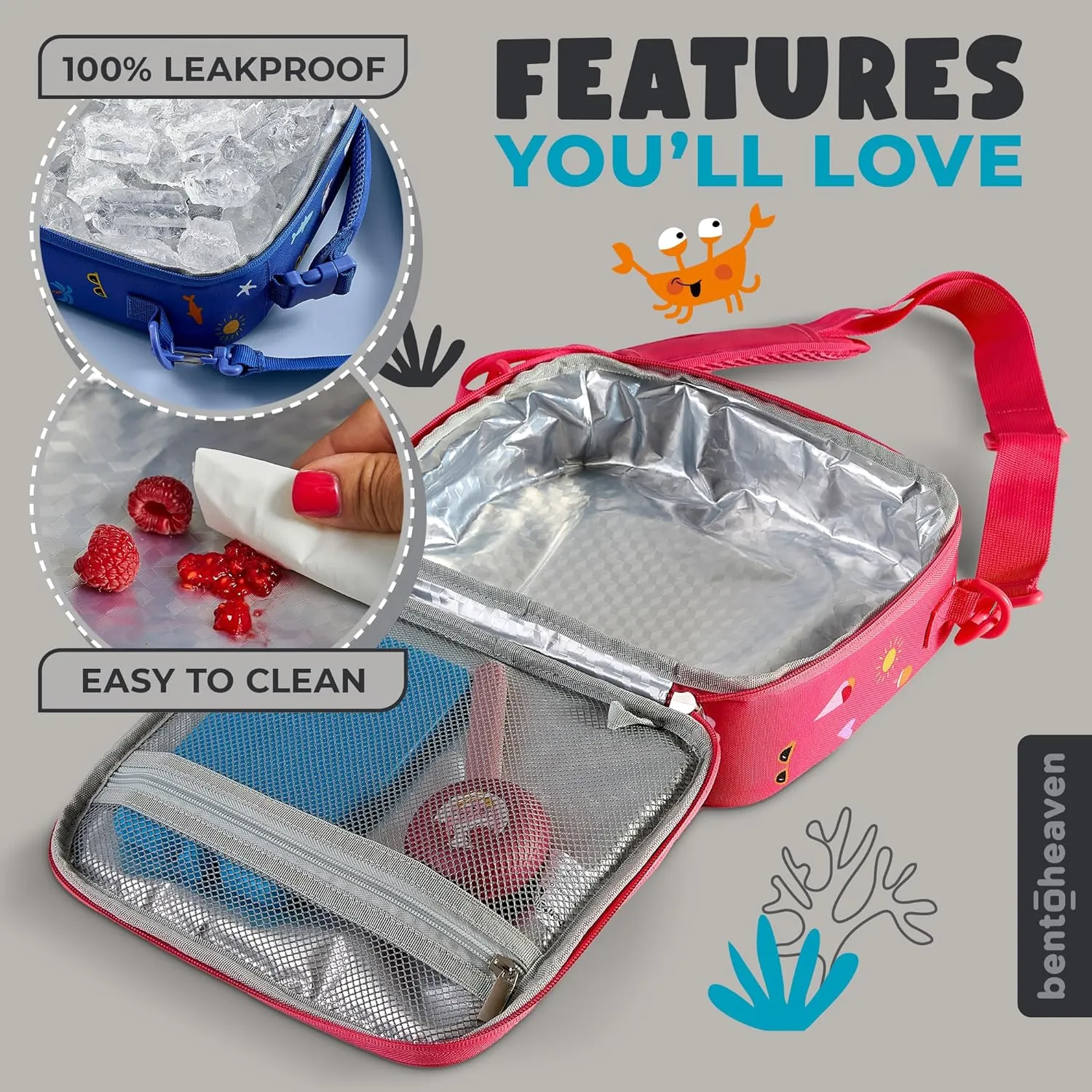 Bentoheaven Insulated Lunch Bag for Kids, Girls & Boys - Large Size Fits Bento Lunch Box, Water Bottle & Snacks - Durable, Easy to Clean, Leakproof - Adjustable Shoulder Strap, Zipper Pockets (Gray)