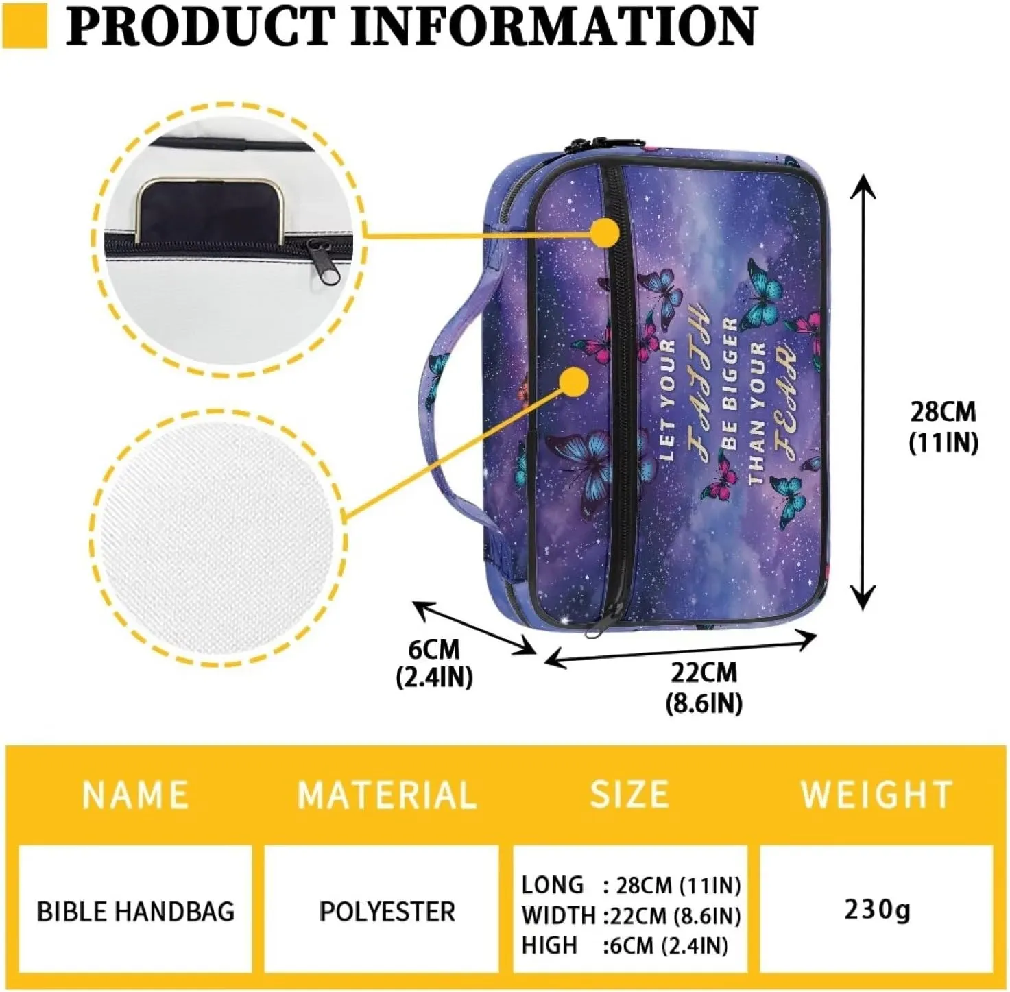 Bible Cover Church Carrying Book Case Polyester Bible Protective with Pen Slots and Zippered Pocket Customizable