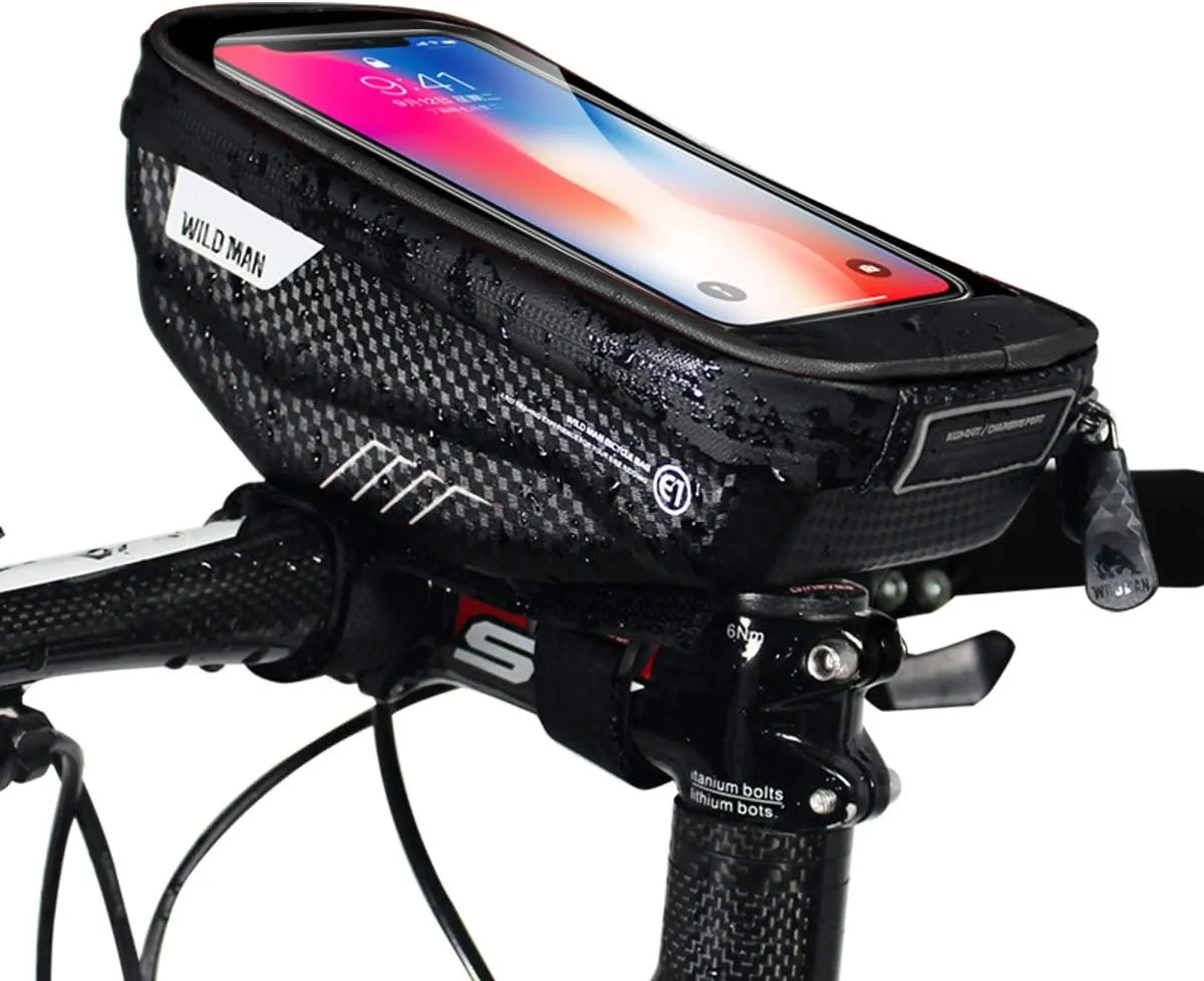 Bike Handlebar Bag, Waterproof Bicycle Frame Handlebar Bag Accessories Cycling Front Top Tube Pouch Pannier Bike Phone Mount Holder Stand for iPhone 16 15 14 13 12 11 Pro MAX XS Smartphone up to 6.7''