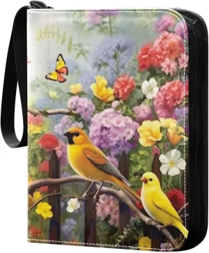 Birds and Flowers Painting 4 Pockets Card Binder for 400 Standard Trading Cards,Waterproof Card Holder Album for TCG, CCG, MTG, Gifts For Boys and Girls