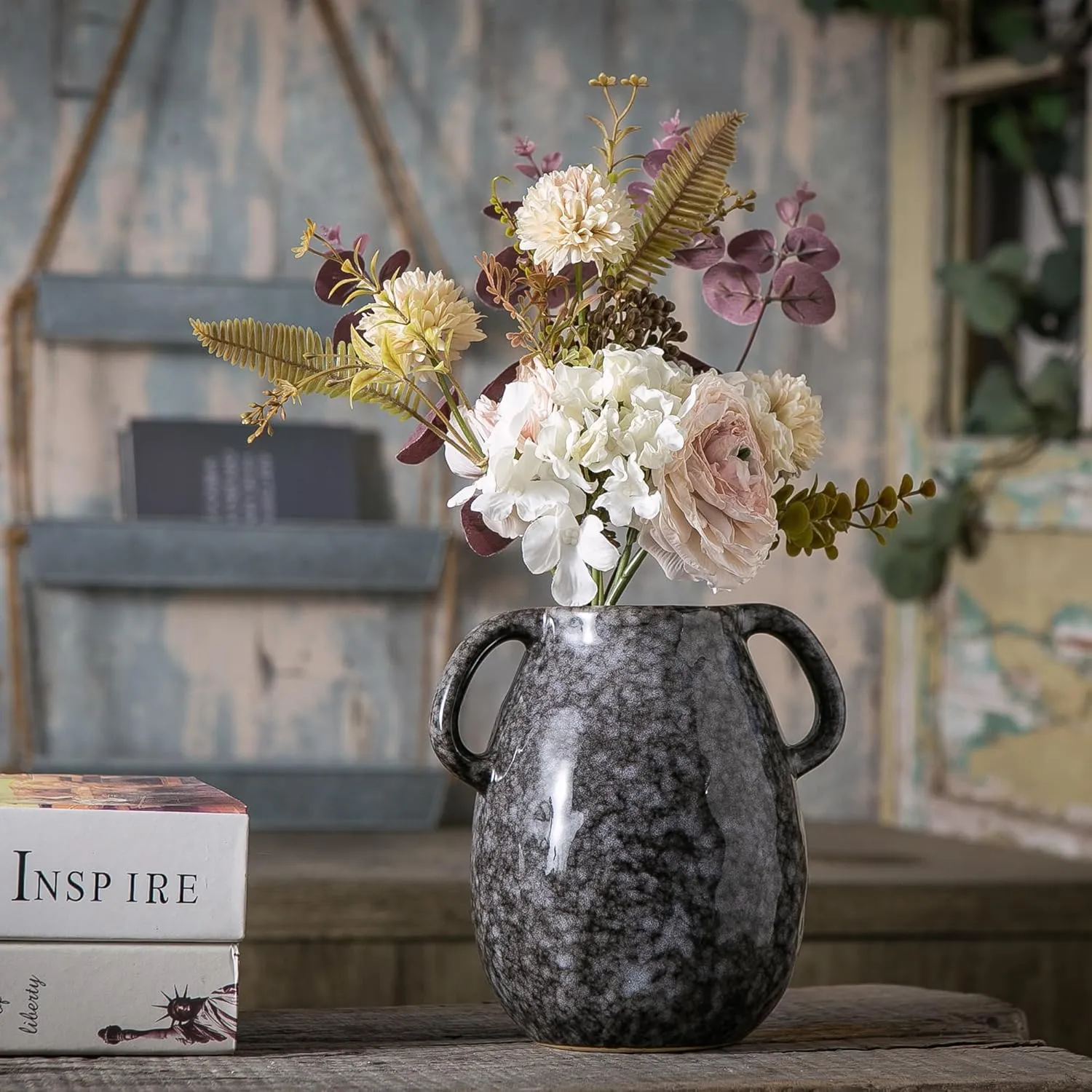 Black Ceramic Vase with 2 Handles, Modern Farmhouse Vase for Home Decor, Rustic Terracotta Vase, Decorative Pottery Flower Vase, Clay Samll Vase, Centerpieces for Dining Table - 7 Inch Tall
