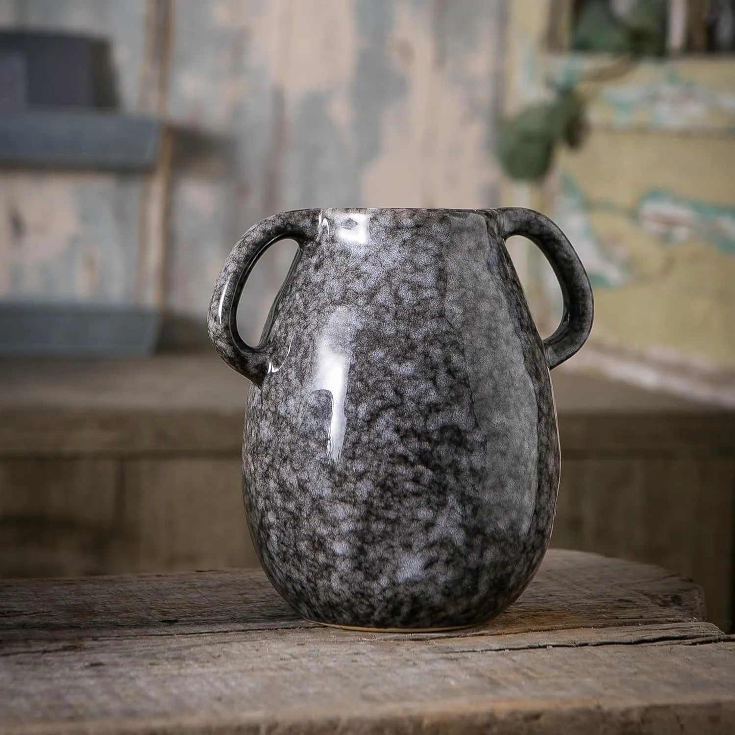 Black Ceramic Vase with 2 Handles, Modern Farmhouse Vase for Home Decor, Rustic Terracotta Vase, Decorative Pottery Flower Vase, Clay Samll Vase, Centerpieces for Dining Table - 7 Inch Tall
