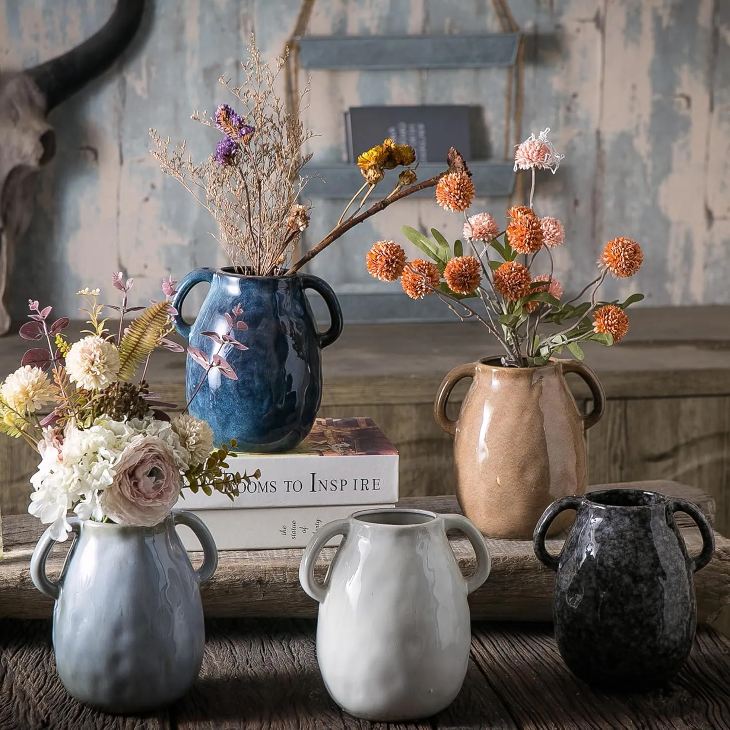 Black Ceramic Vase with 2 Handles, Modern Farmhouse Vase for Home Decor, Rustic Terracotta Vase, Decorative Pottery Flower Vase, Clay Samll Vase, Centerpieces for Dining Table - 7 Inch Tall