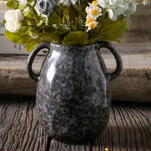 Black Ceramic Vase with 2 Handles, Modern Farmhouse Vase for Home Decor, Rustic Terracotta Vase, Decorative Pottery Flower Vase, Clay Samll Vase, Centerpieces for Dining Table - 7 Inch Tall