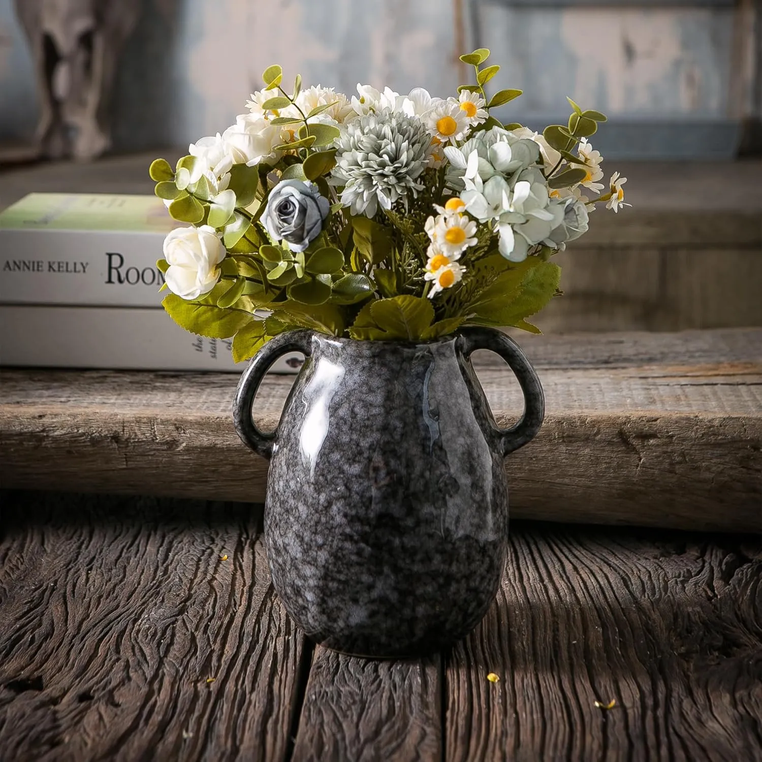 Black Ceramic Vase with 2 Handles, Modern Farmhouse Vase for Home Decor, Rustic Terracotta Vase, Decorative Pottery Flower Vase, Clay Samll Vase, Centerpieces for Dining Table - 7 Inch Tall