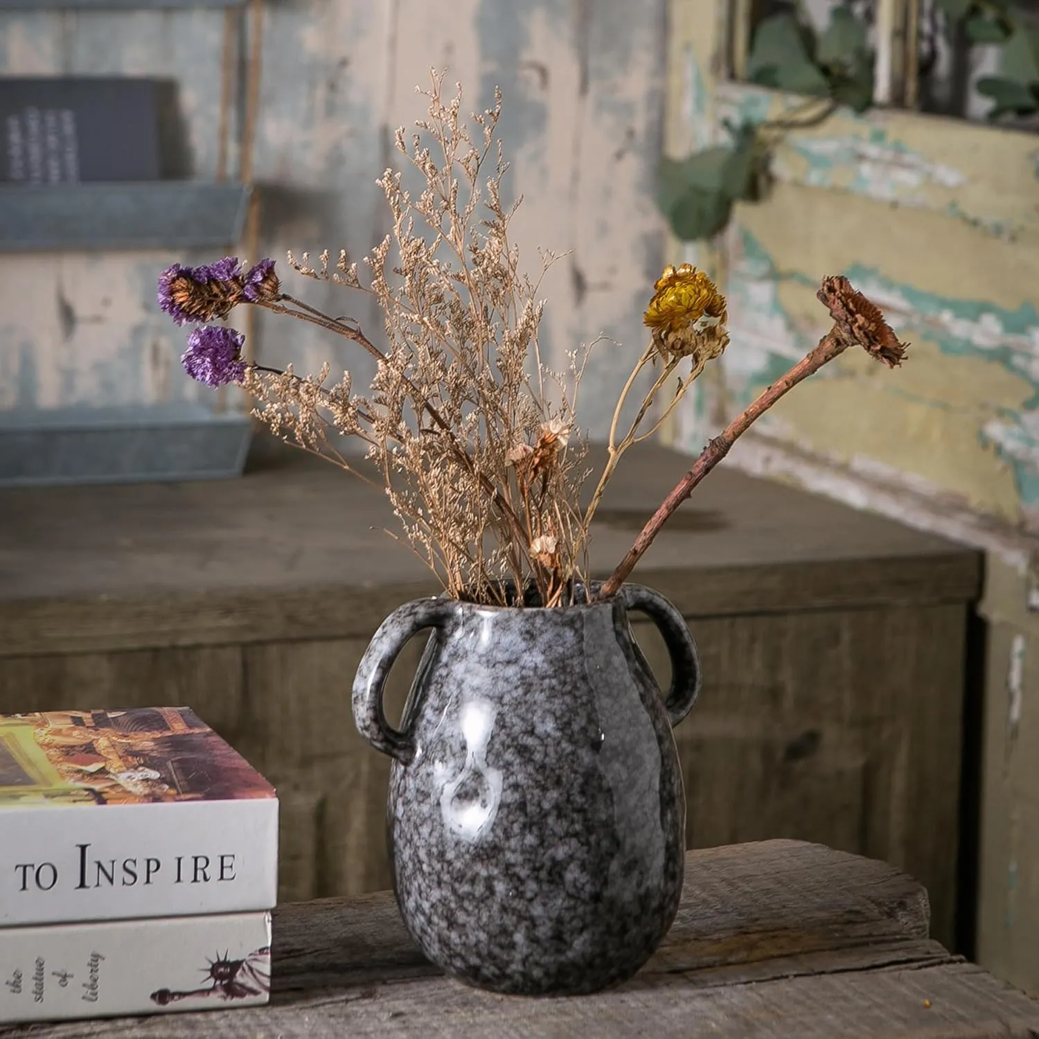 Black Ceramic Vase with 2 Handles, Modern Farmhouse Vase for Home Decor, Rustic Terracotta Vase, Decorative Pottery Flower Vase, Clay Samll Vase, Centerpieces for Dining Table - 7 Inch Tall