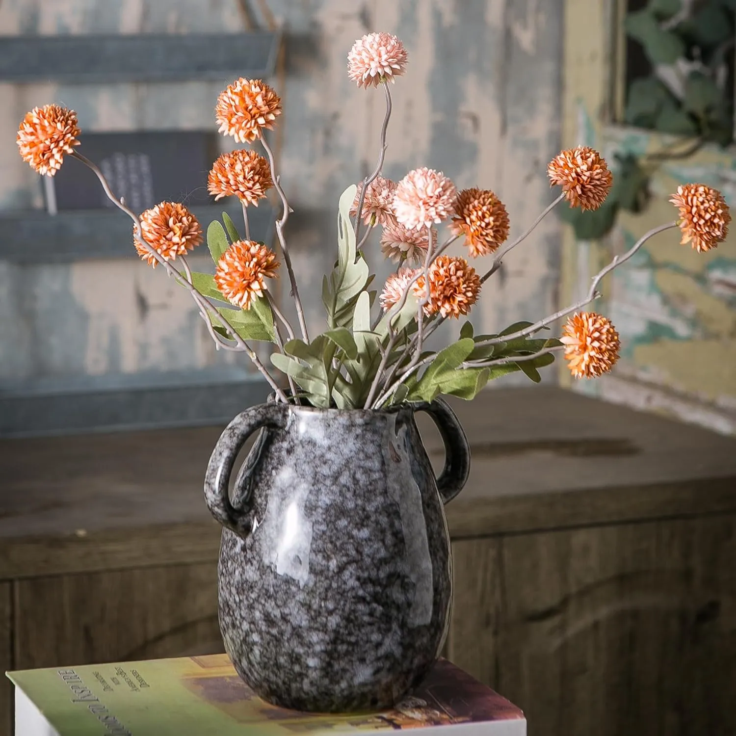 Black Ceramic Vase with 2 Handles, Modern Farmhouse Vase for Home Decor, Rustic Terracotta Vase, Decorative Pottery Flower Vase, Clay Samll Vase, Centerpieces for Dining Table - 7 Inch Tall