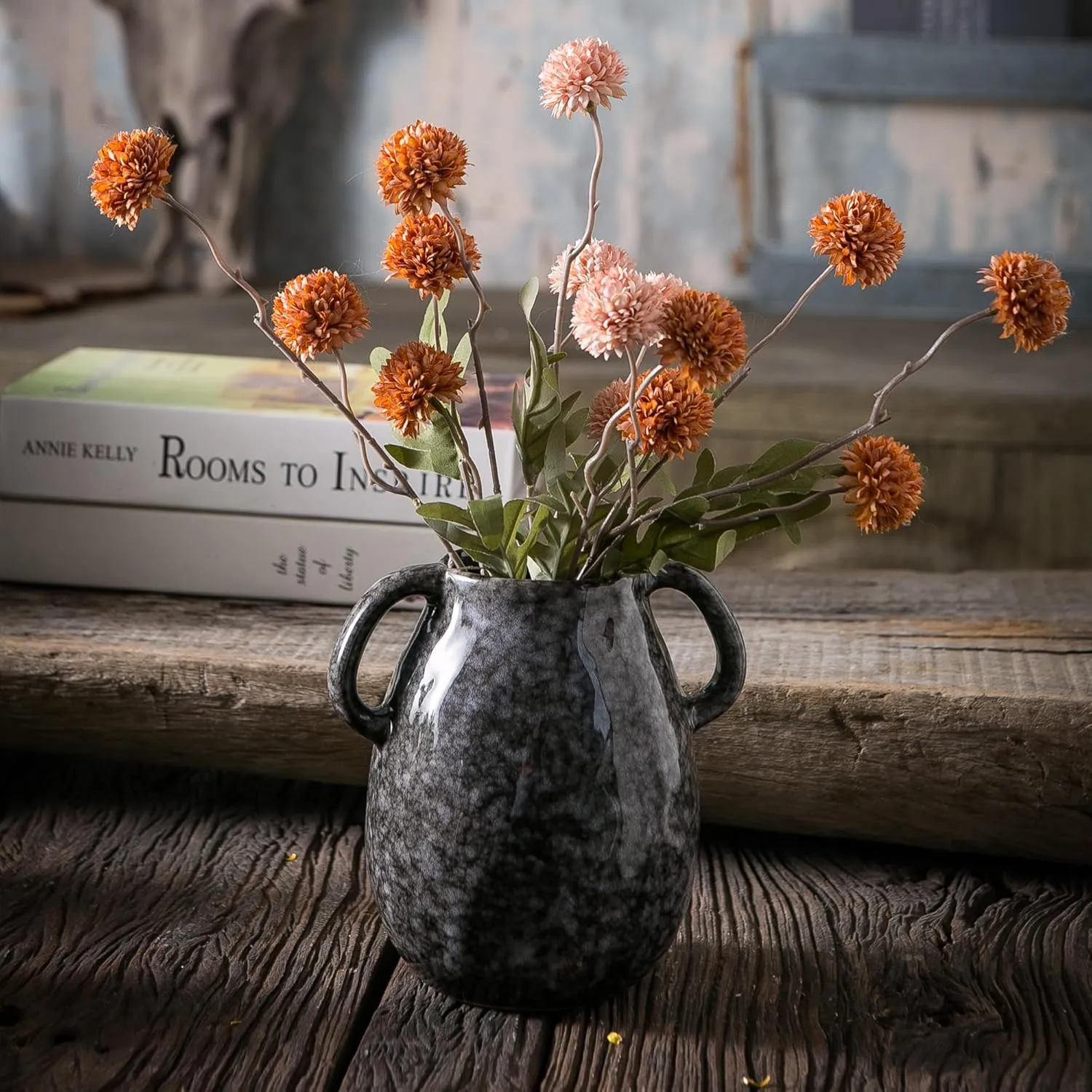 Black Ceramic Vase with 2 Handles, Modern Farmhouse Vase for Home Decor, Rustic Terracotta Vase, Decorative Pottery Flower Vase, Clay Samll Vase, Centerpieces for Dining Table - 7 Inch Tall