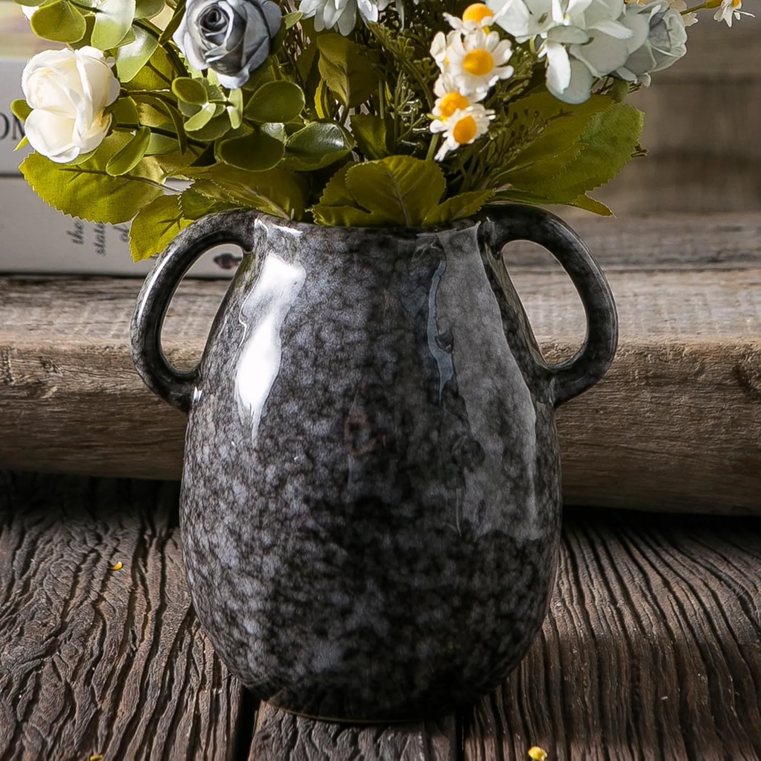 Black Ceramic Vase with 2 Handles, Modern Farmhouse Vase for Home Decor, Rustic Terracotta Vase, Decorative Pottery Flower Vase, Clay Samll Vase, Centerpieces for Dining Table - 7 Inch Tall
