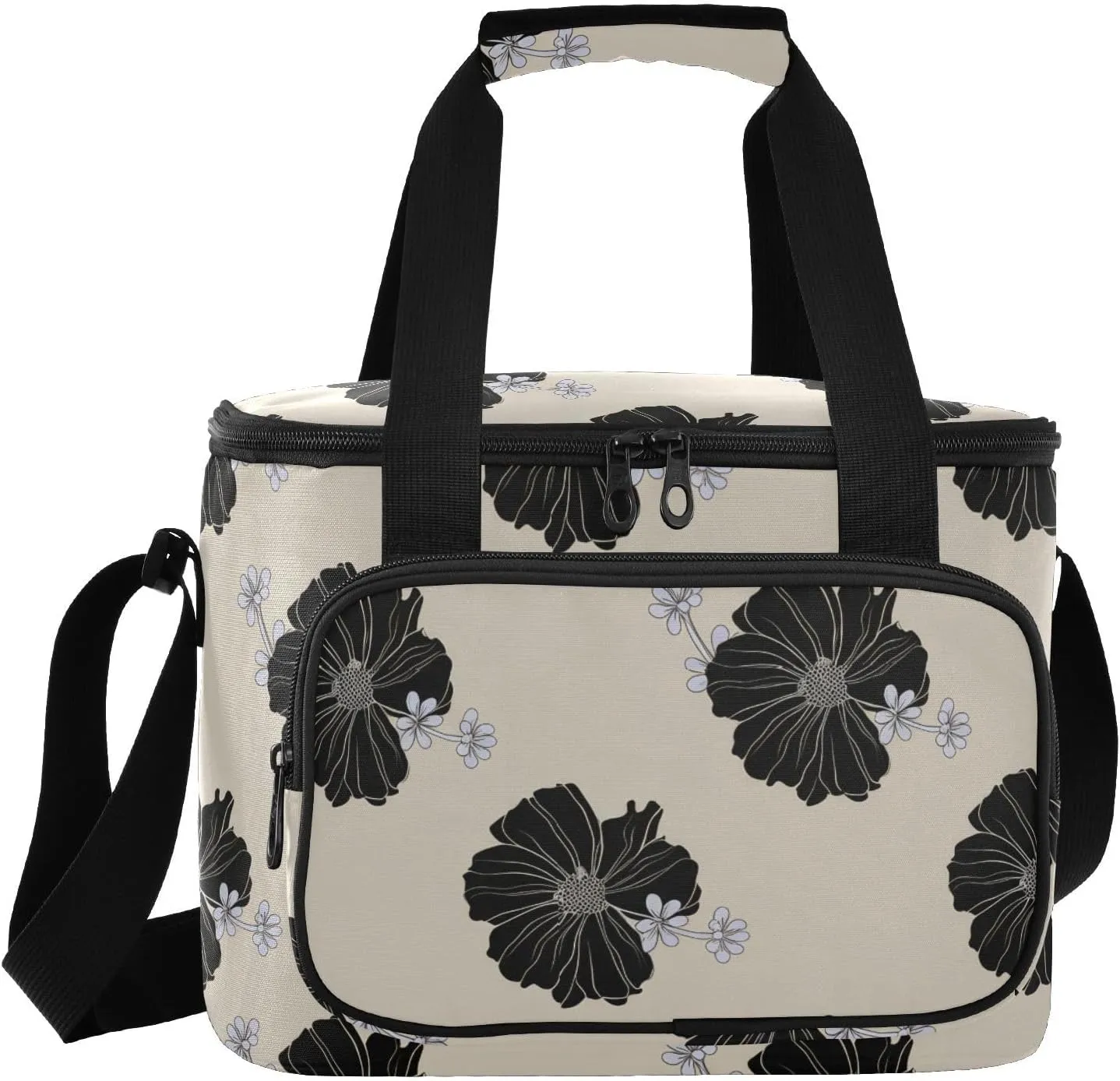 Black Cosmos Flower Insulated Cooler Bag for Women Men Leakproof 24 Can Camping Car Cooler for Work Office Picnic