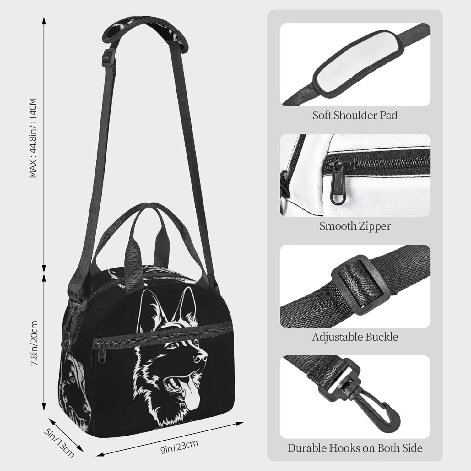 Black German Shepherd Front Lunch Bag Hand Tote Crossbody Insulated Lunch Bag Large Portable Lunch Box