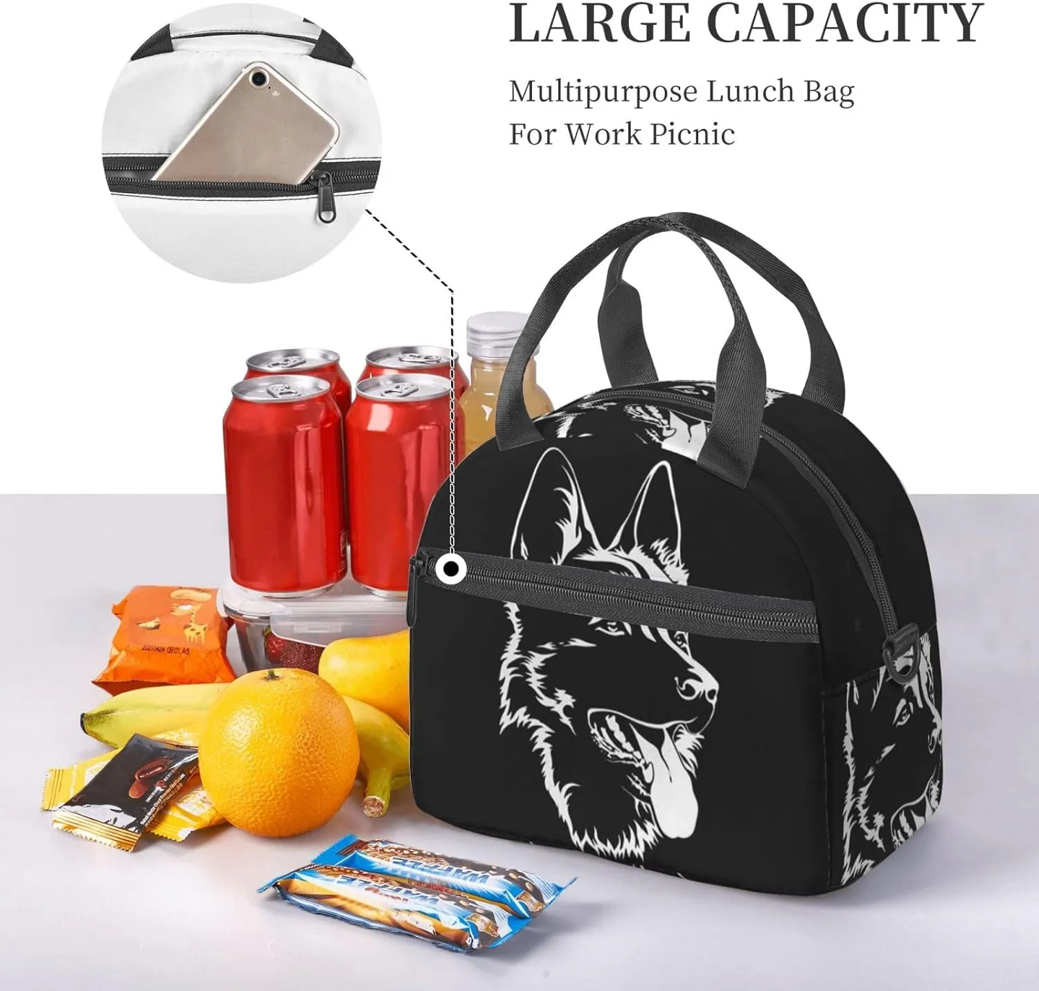 Black German Shepherd Front Lunch Bag Hand Tote Crossbody Insulated Lunch Bag Large Portable Lunch Box