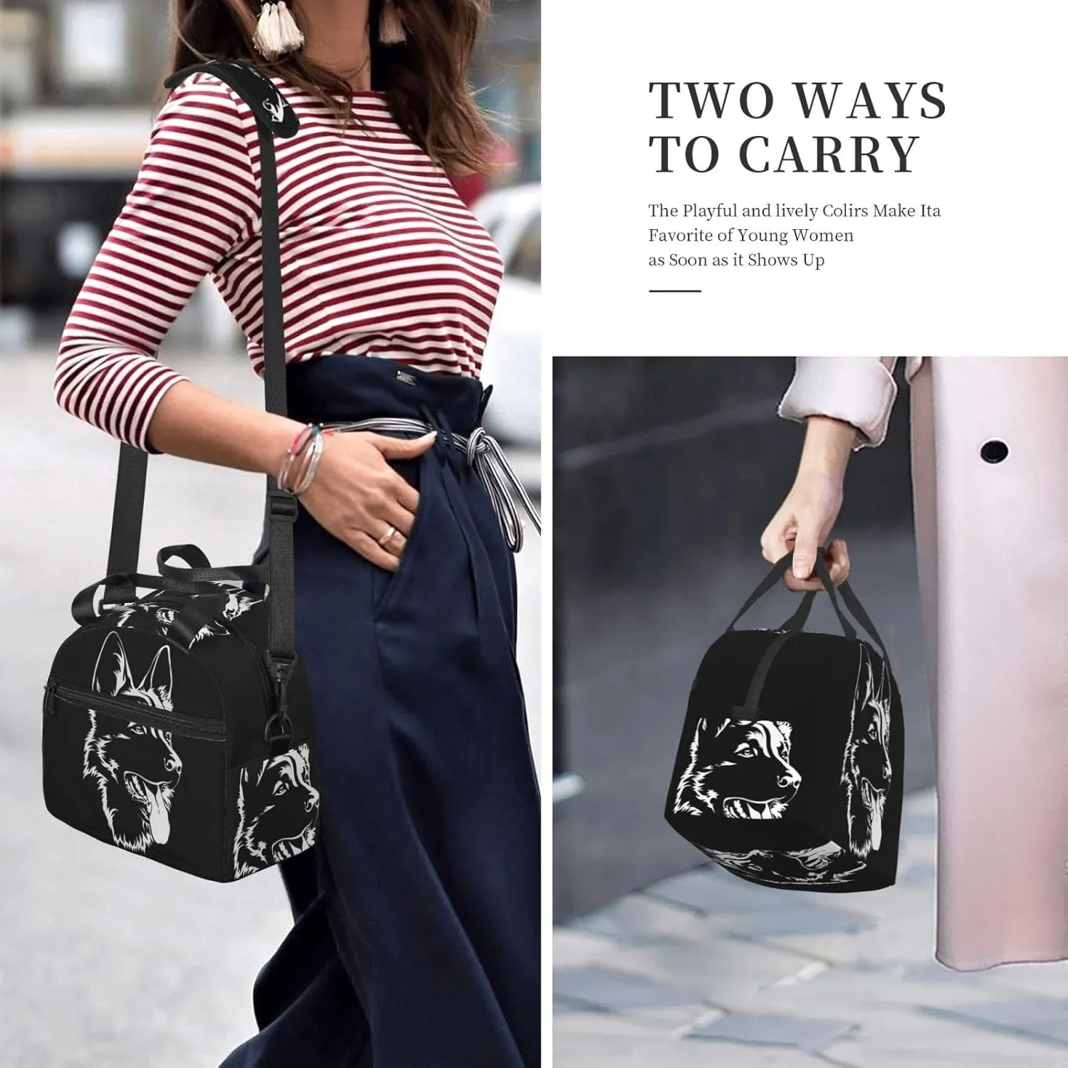Black German Shepherd Front Lunch Bag Hand Tote Crossbody Insulated Lunch Bag Large Portable Lunch Box