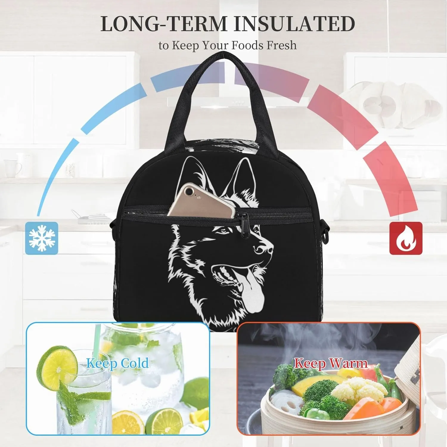 Black German Shepherd Front Lunch Bag Hand Tote Crossbody Insulated Lunch Bag Large Portable Lunch Box