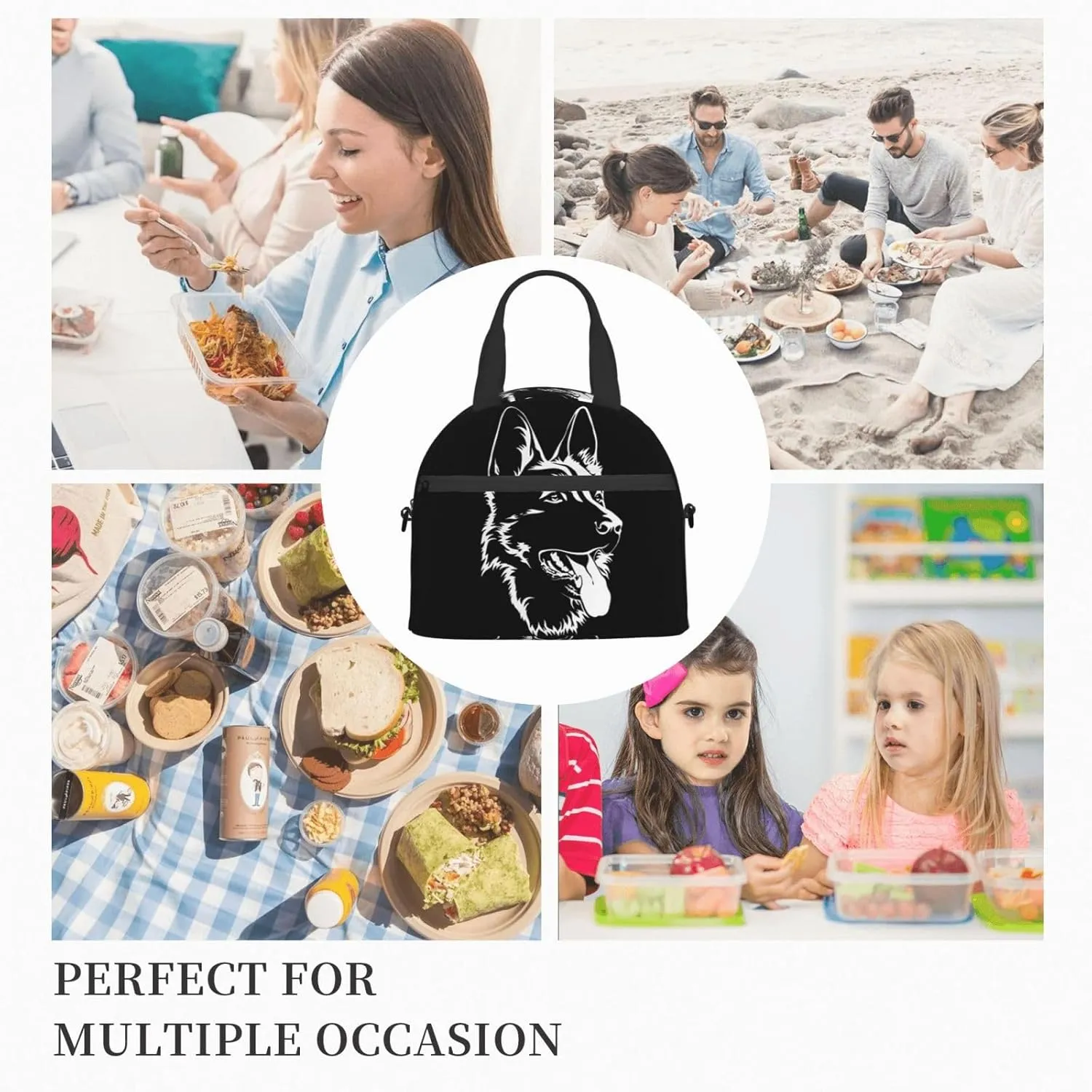 Black German Shepherd Front Lunch Bag Hand Tote Crossbody Insulated Lunch Bag Large Portable Lunch Box