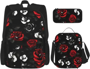 Black White And Red Roses Print Versatile Adjustable Shoulder Fashion Backpack Lunch Bag Pencil Case Large Capacity