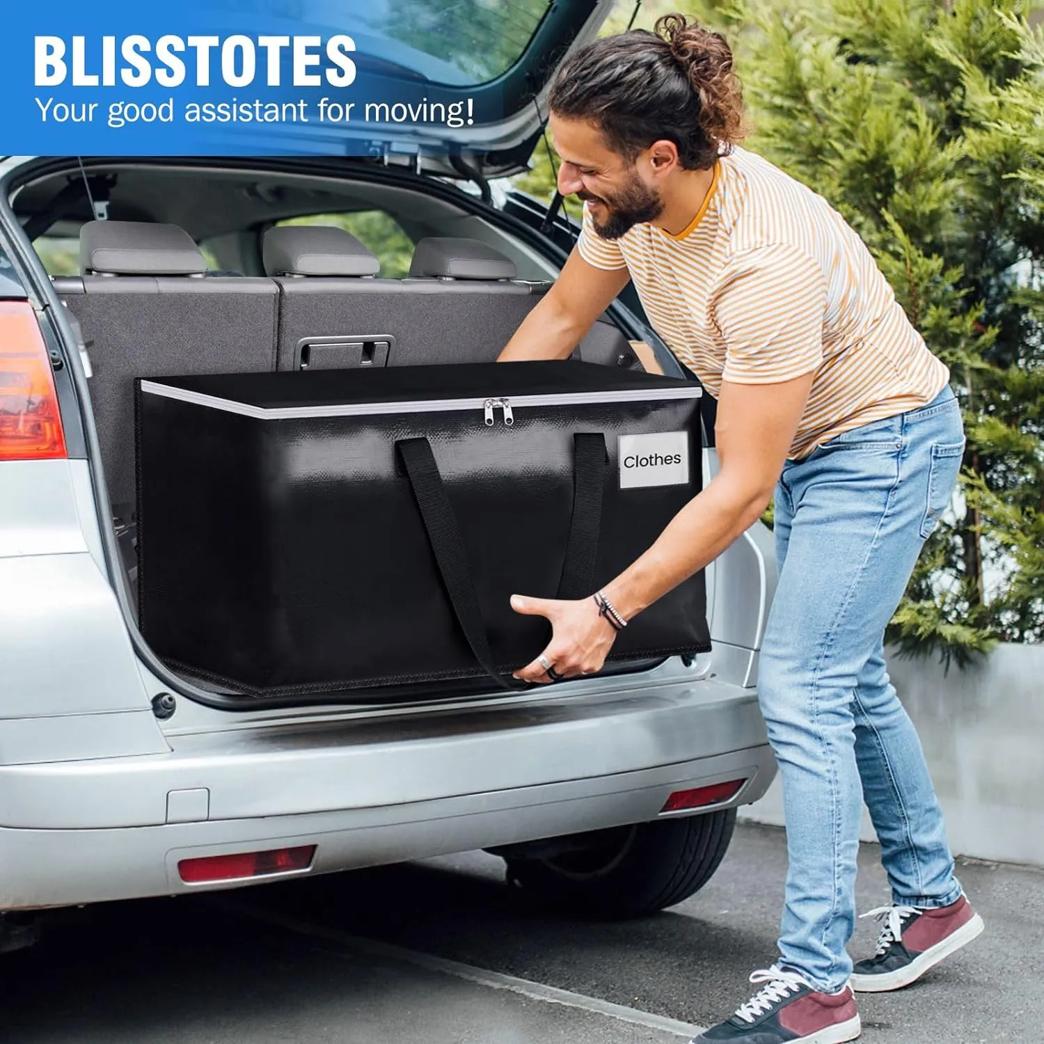 BlissTotes Moving Bags, Heavy Duty Moving Boxes with Zippers Top and Sturdy Handles, Storage Bags for Space Saving and Packing, Collapsible Moving Supplies, Storage Totes (76L, 6-Pack, Black)