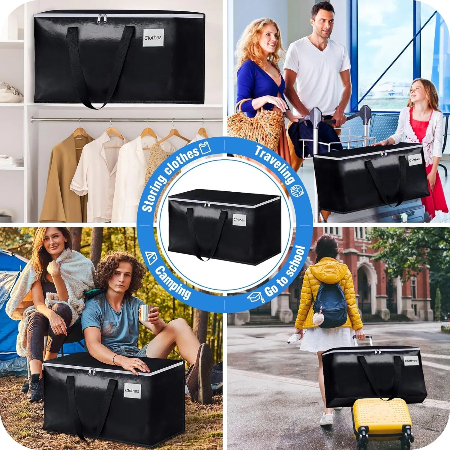 BlissTotes Moving Bags, Heavy Duty Moving Boxes with Zippers Top and Sturdy Handles, Storage Bags for Space Saving and Packing, Collapsible Moving Supplies, Storage Totes (76L, 6-Pack, Black)