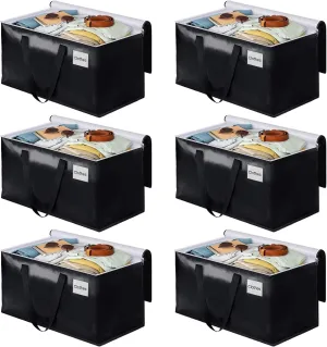 BlissTotes Moving Bags, Heavy Duty Moving Boxes with Zippers Top and Sturdy Handles, Storage Bags for Space Saving and Packing, Collapsible Moving Supplies, Storage Totes (76L, 6-Pack, Black)
