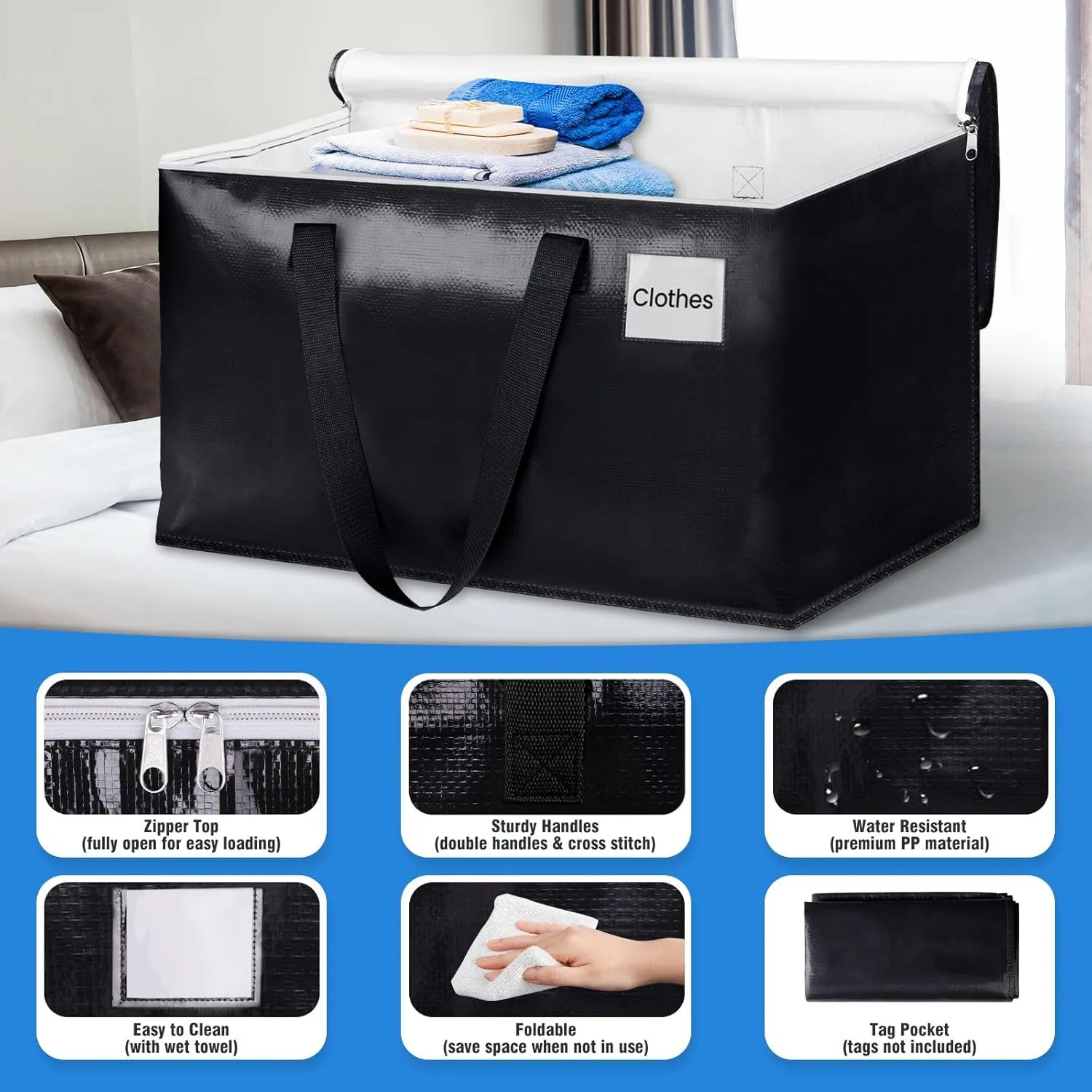 BlissTotes Moving Bags, Heavy Duty Moving Boxes with Zippers Top and Sturdy Handles, Storage Bags for Space Saving and Packing, Collapsible Moving Supplies, Storage Totes (76L, 6-Pack, Black)