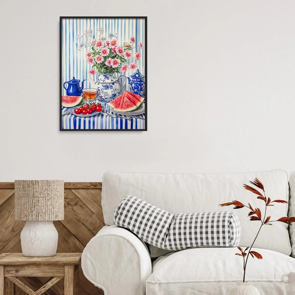 Blue & White Floral Still Life Wall Art Poster – Striped Tablecloth with Porcelain Teapot, Tea Cup, Watermelon & Tomatoes – Kitchen Decor Print-20x30Inch Ready to Hang(Black Aluminum Frame)