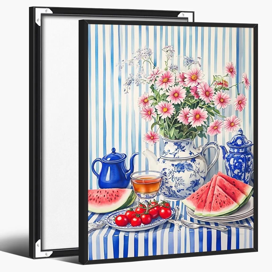 Blue & White Floral Still Life Wall Art Poster – Striped Tablecloth with Porcelain Teapot, Tea Cup, Watermelon & Tomatoes – Kitchen Decor Print-20x30Inch Ready to Hang(Black Aluminum Frame)
