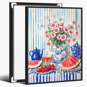 Blue & White Floral Still Life Wall Art Poster – Striped Tablecloth with Porcelain Teapot, Tea Cup, Watermelon & Tomatoes – Kitchen Decor Print-20x30Inch Ready to Hang(Black Aluminum Frame)