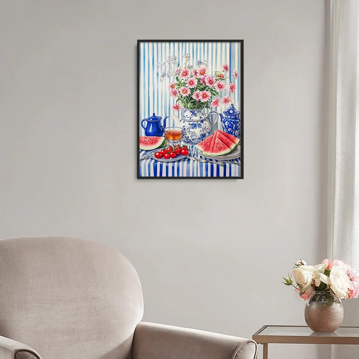 Blue & White Floral Still Life Wall Art Poster – Striped Tablecloth with Porcelain Teapot, Tea Cup, Watermelon & Tomatoes – Kitchen Decor Print-20x30Inch Ready to Hang(Black Aluminum Frame)