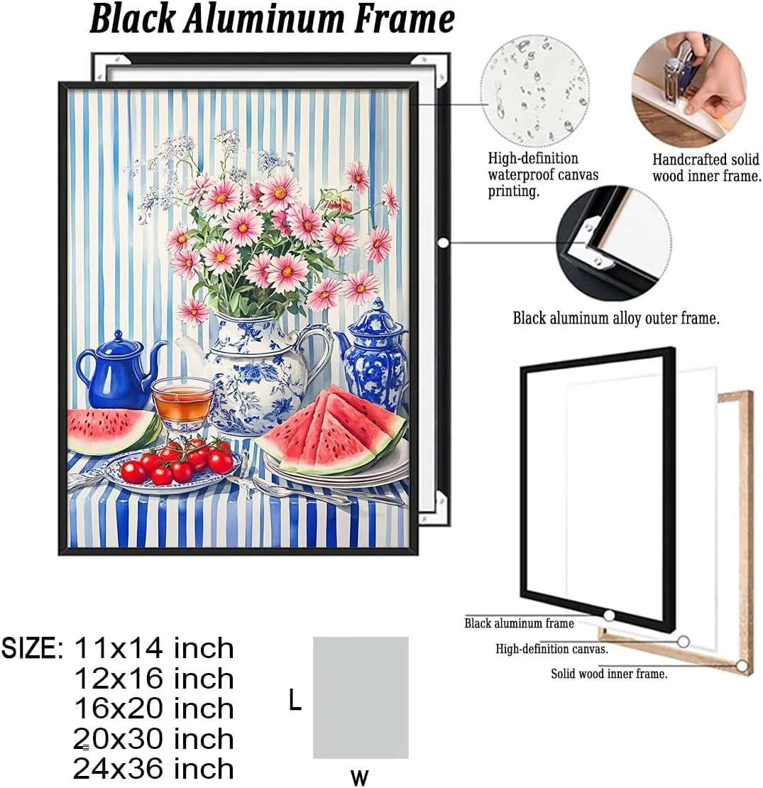 Blue & White Floral Still Life Wall Art Poster – Striped Tablecloth with Porcelain Teapot, Tea Cup, Watermelon & Tomatoes – Kitchen Decor Print-20x30Inch Ready to Hang(Black Aluminum Frame)