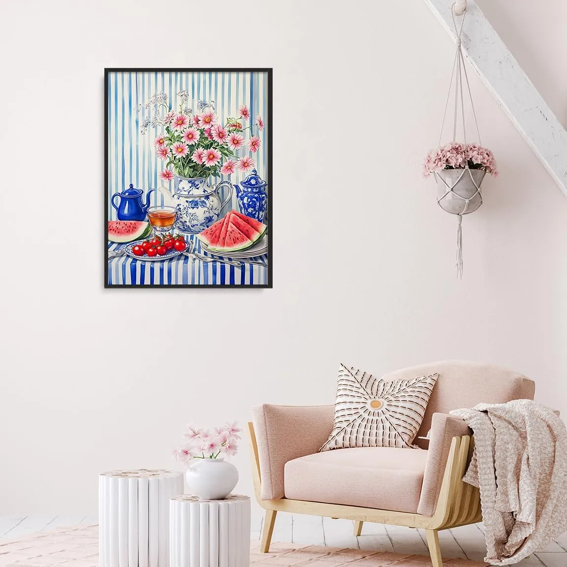 Blue & White Floral Still Life Wall Art Poster – Striped Tablecloth with Porcelain Teapot, Tea Cup, Watermelon & Tomatoes – Kitchen Decor Print-20x30Inch Ready to Hang(Black Aluminum Frame)