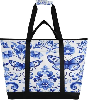 Blue Butterflies and Flowers Reusable Insulated Lunchbox Cooler Bag, Leakproof Kitchen Grocery Bag Collapsible Portable Cooler Tote Bag for Picnic, Camping, Office, Travel