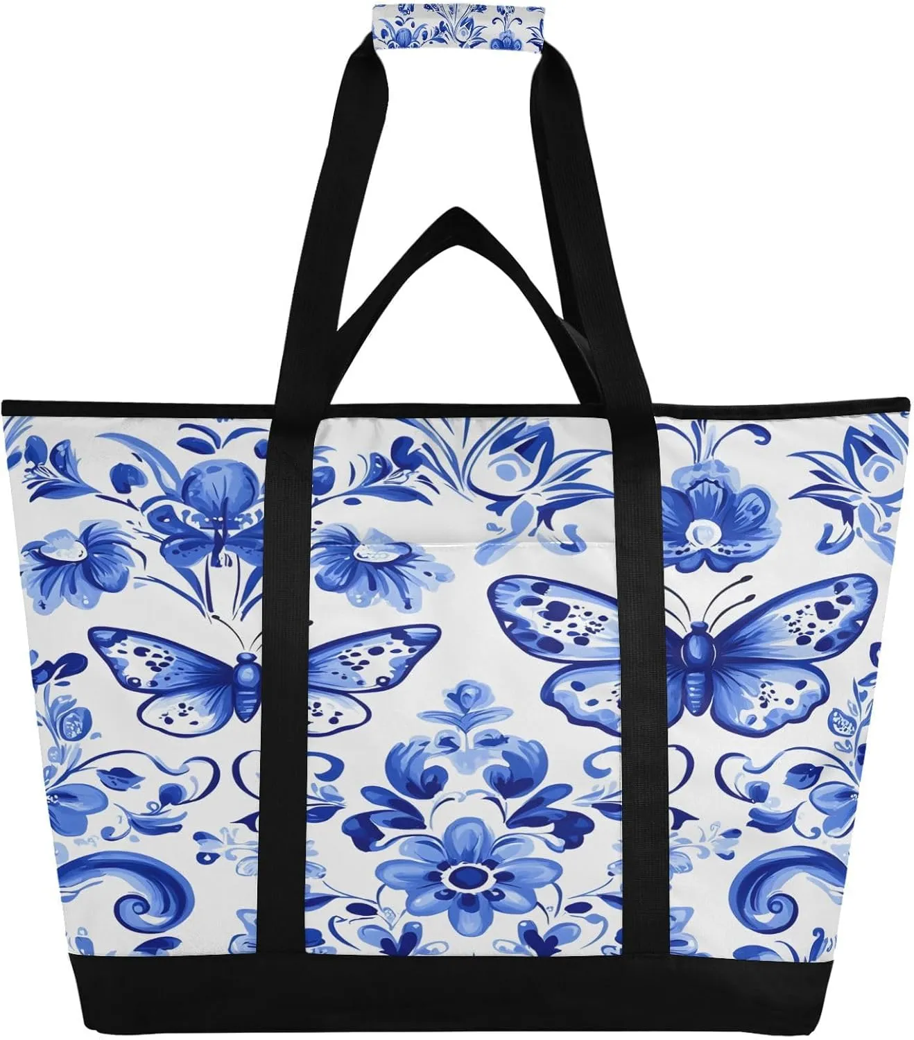 Blue Butterflies and Flowers Reusable Insulated Lunchbox Cooler Bag, Leakproof Kitchen Grocery Bag Collapsible Portable Cooler Tote Bag for Picnic, Camping, Office, Travel