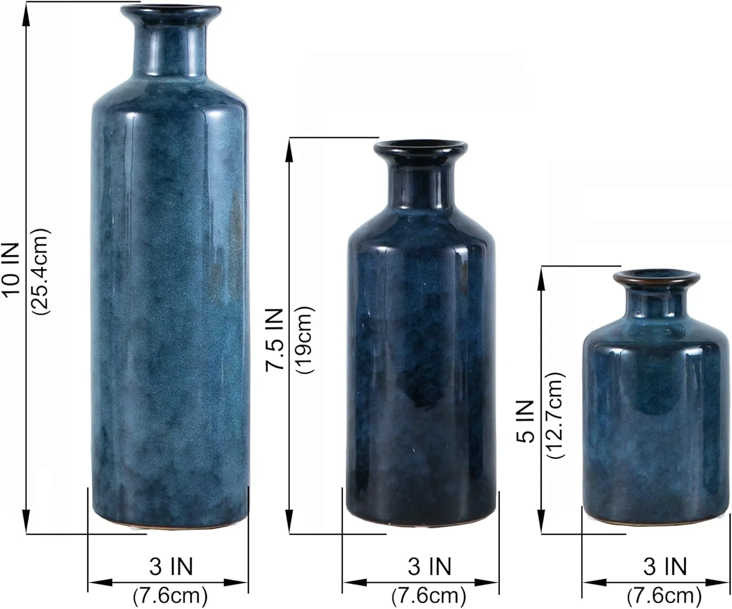 Blue Ceramic Vase Set of 3 Small Vases, Modern Farmhouse for Home Decor Bottles, Rustic Terracotta Vase Decorative Vases for Table,Fireplaces Decor, Bookshelf, Living Room