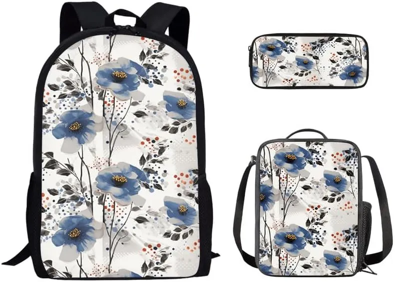 Blue Cineraria Flower School Backpack Set, Watercolor Minimalist Abstract Flowers Lightweight Canvas Backpack Schoolbag Set with Lunch Box Pencil Case, Laptop Backpack