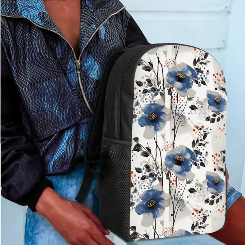 Blue Cineraria Flower School Backpack Set, Watercolor Minimalist Abstract Flowers Lightweight Canvas Backpack Schoolbag Set with Lunch Box Pencil Case, Laptop Backpack