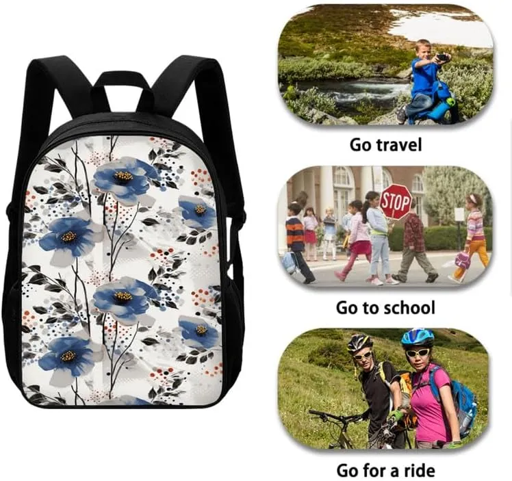 Blue Cineraria Flower School Backpack Set, Watercolor Minimalist Abstract Flowers Lightweight Canvas Backpack Schoolbag Set with Lunch Box Pencil Case, Laptop Backpack