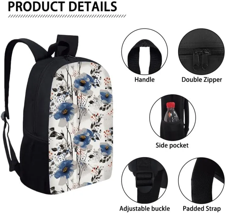 Blue Cineraria Flower School Backpack Set, Watercolor Minimalist Abstract Flowers Lightweight Canvas Backpack Schoolbag Set with Lunch Box Pencil Case, Laptop Backpack