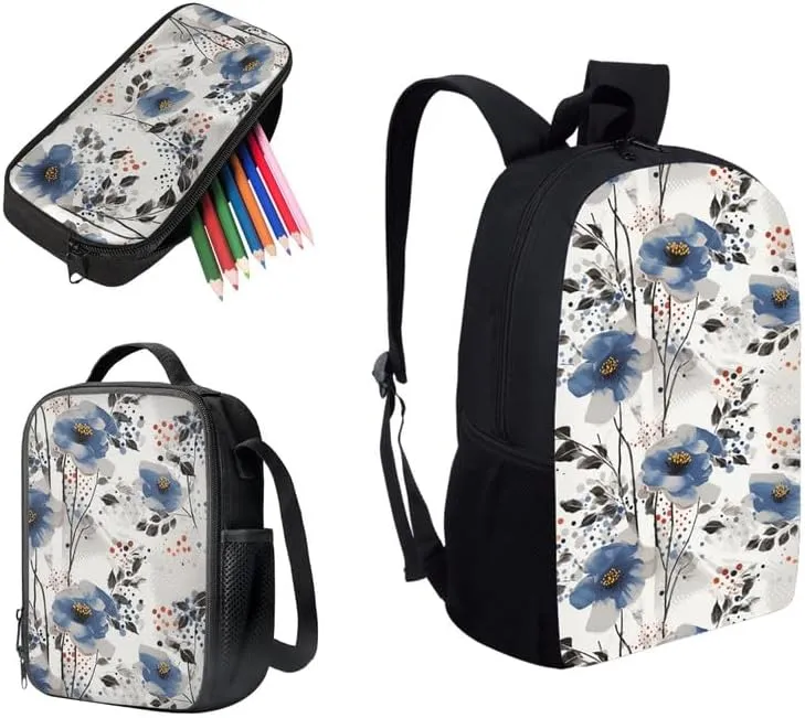 Blue Cineraria Flower School Backpack Set, Watercolor Minimalist Abstract Flowers Lightweight Canvas Backpack Schoolbag Set with Lunch Box Pencil Case, Laptop Backpack
