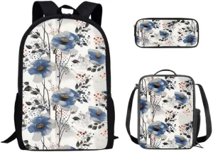 Blue Cineraria Flower School Backpack Set, Watercolor Minimalist Abstract Flowers Lightweight Canvas Backpack Schoolbag Set with Lunch Box Pencil Case, Laptop Backpack