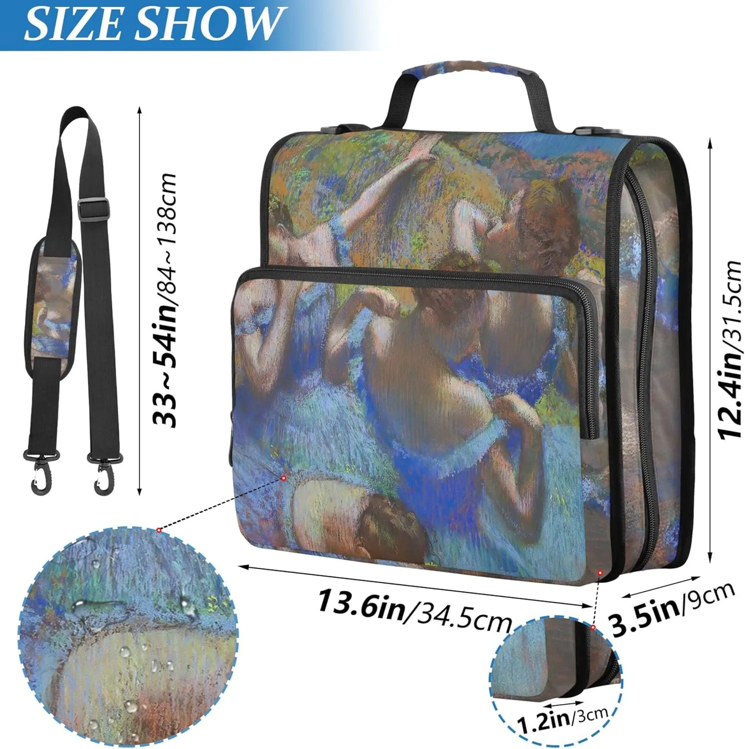 Blue Dancers Edgar Degas Prints Zip up Binder Organizer 3 Ring Binders 1.5 Inch D Ring Keeper Binder Bag with Strap for School Storage Portfolio Folder with Handle